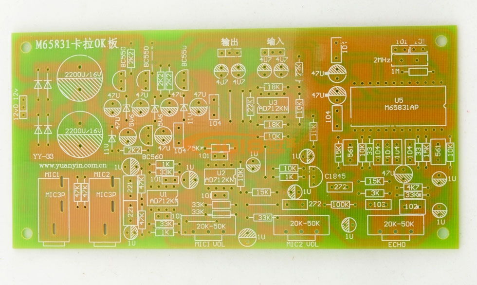 混响/输入话筒音量调节。 尺寸:73148 电压:AC双12V 用料清单:M658311,印板1,IN40074,C18451,BC5503,BC5601,电位器单50k3,晶振2M1,3脚针插3,双运放配座3,话筒插座2,稳压11V2,5.6V2,电阻332,1K3,2.2k4,3k1,4.7K1,10k7,15k4,18K2,22K2,33K6,47K4,75K1,100k1,1M1,电容100P6,220P2,560P2,1000p1,2700p2,0.