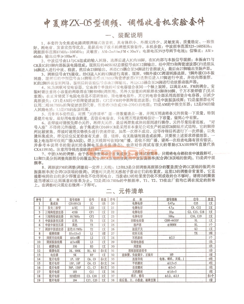 ZX05集成电路调频调幅收音机套件散件/电子制作套件