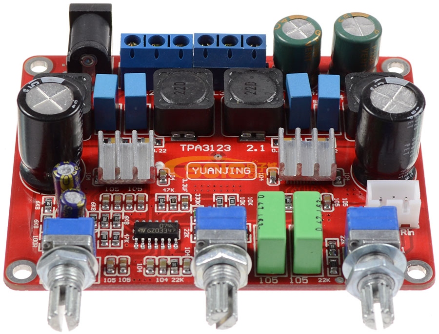 高性能 TPA3123 2.1低音炮三声道D类数字功放板（2X25W+50W)